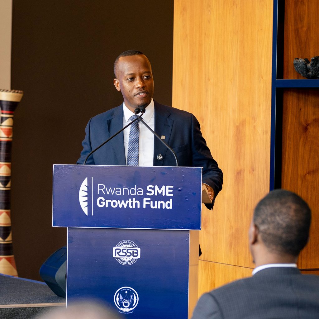 RSSB CEO Regis Rugemanshuro speaking at the launch of the Rwanda SME Growth Fund