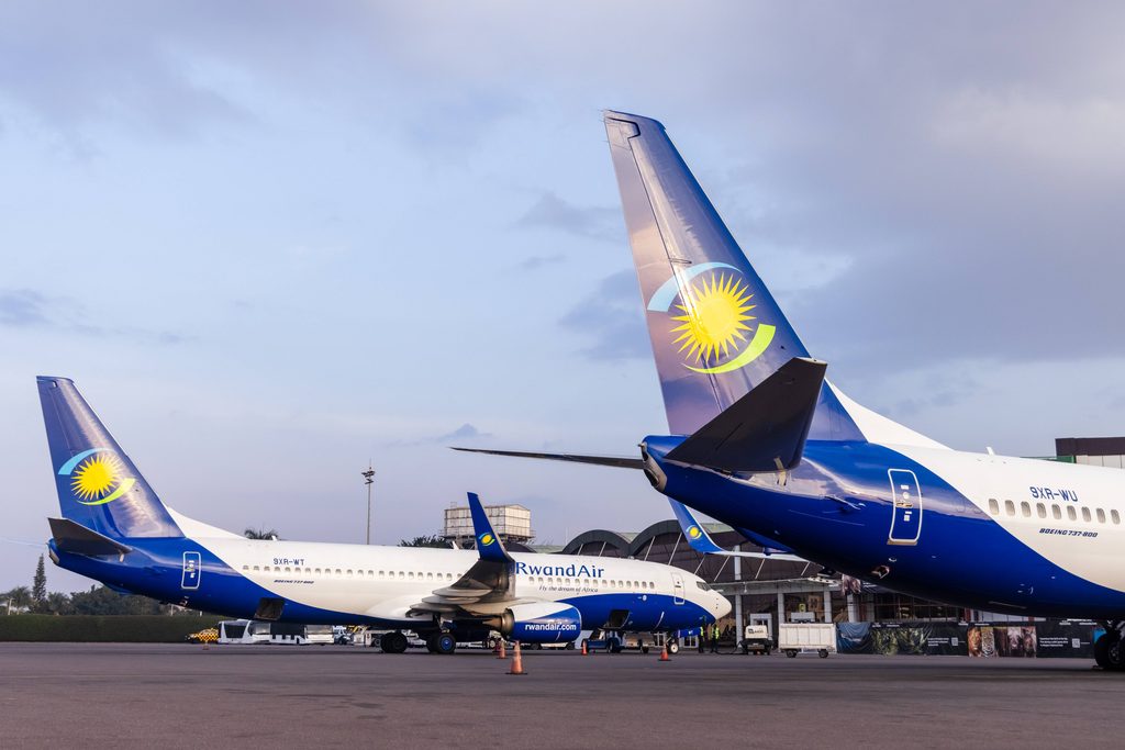 RwandAir aircraft stationed at Kigali International Airport, the airline's primary hub connecting African destinations to Europe and the Middle East.